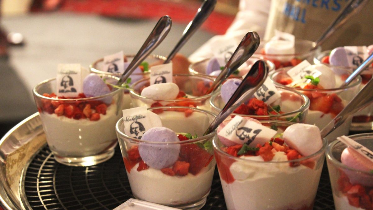 eton mess desserts in glass bowls on a tray